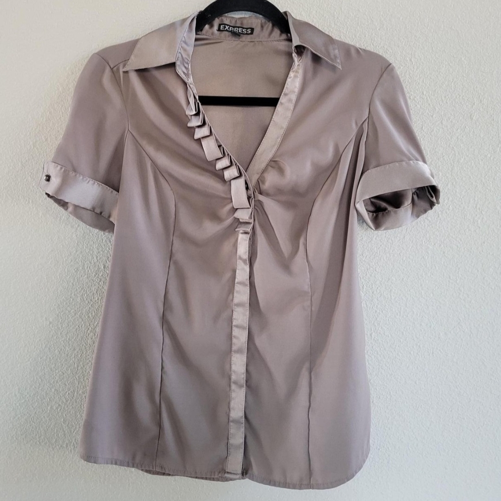 Express Tan Gray Fitted Buttoned Blouse - image 1